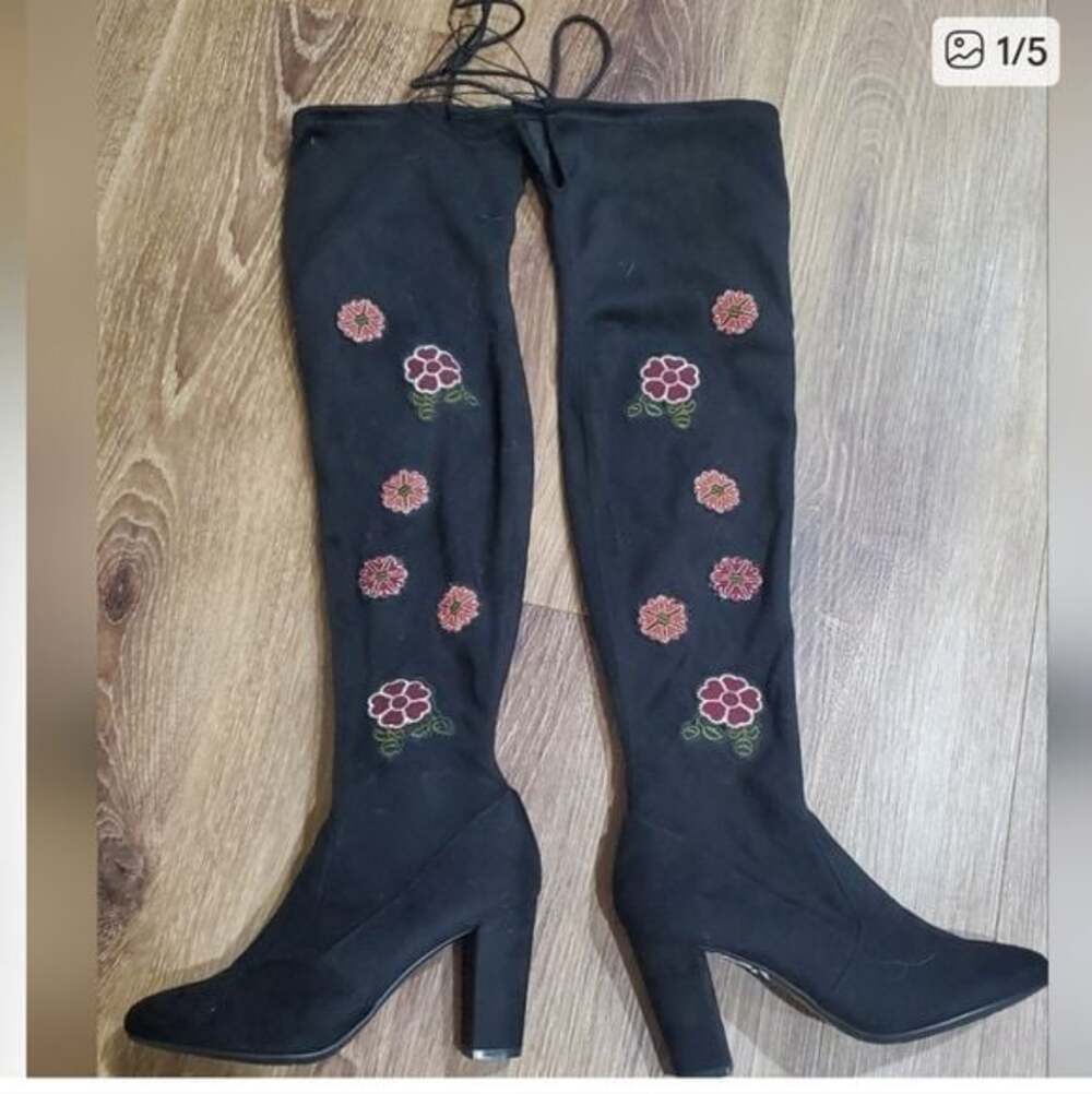Black Floral Embroidered Over-the-Knee Boots By Chinese Laundry Boho